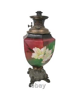 Vintage Antique Ceramic Floral Oil Lamp Ornate Base B&H Brass Burner 19.5 tall