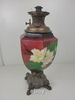 Vintage Antique Ceramic Floral Oil Lamp Ornate Base B&H Brass Burner 19.5 tall