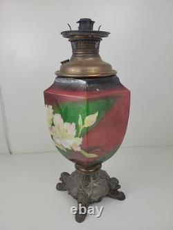 Vintage Antique Ceramic Floral Oil Lamp Ornate Base B&H Brass Burner 19.5 tall