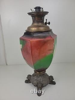 Vintage Antique Ceramic Floral Oil Lamp Ornate Base B&H Brass Burner 19.5 tall