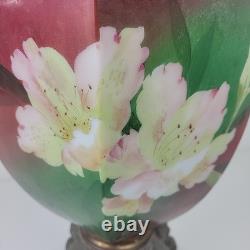 Vintage Antique Ceramic Floral Oil Lamp Ornate Base B&H Brass Burner 19.5 tall