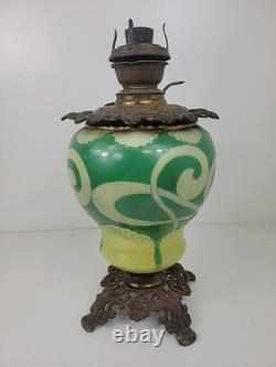 Vintage Antique Ceramic Green Unique Design Oil Lamp W&S Brass Burner 16 tall
