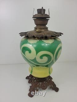 Vintage Antique Ceramic Green Unique Design Oil Lamp W&S Brass Burner 16 tall