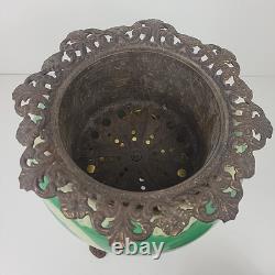 Vintage Antique Ceramic Green Unique Design Oil Lamp W&S Brass Burner 16 tall
