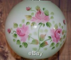 Vintage Antique Glass GWTW Parlor Table Oil Lamp Green Pink Rose 20 t Electric