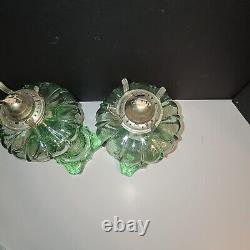 Vintage Antique Green Depression Glass Oil Lamp Pair With Chimney? Kerosene 20