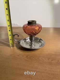 Vintage Antique Hand Painted Cranberry Glass Pewter Metal Finger Oil Lamp