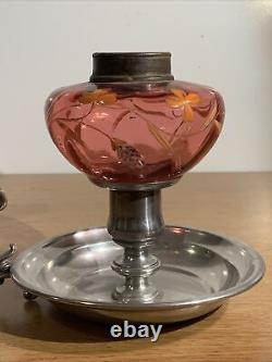 Vintage Antique Hand Painted Cranberry Glass Pewter Metal Finger Oil Lamp