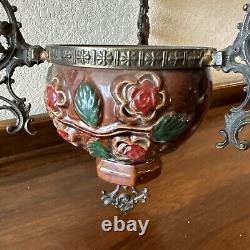 Vintage Antique Hanging Parlor Oil Lamp Part Ornate Frame Brass Ceramic GWTW