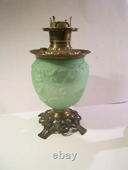 Vintage Antique Lincoln Drape Vaseline Uranium glass Bronze Oil Lamp
