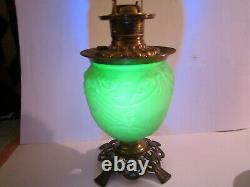 Vintage Antique Lincoln Drape Vaseline Uranium glass Bronze Oil Lamp