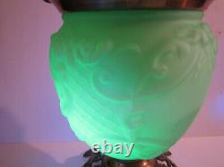 Vintage Antique Lincoln Drape Vaseline Uranium glass Bronze Oil Lamp