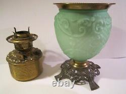 Vintage Antique Lincoln Drape Vaseline Uranium glass Bronze Oil Lamp