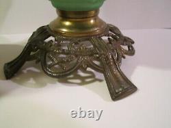 Vintage Antique Lincoln Drape Vaseline Uranium glass Bronze Oil Lamp