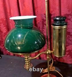 Vintage Antique Manhattan Kero Oil Student Lamp With Green Glass Shade & Tank