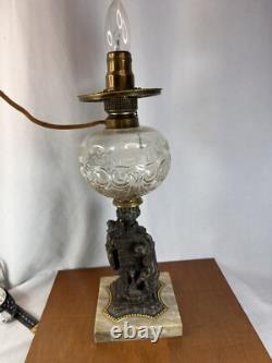 Vintage Antique Oil Lamp Heavy Naughty Well Lady Legs And Leprechaun Converted