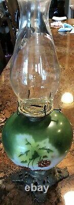 Vintage Antique Strawberry Painted Glass Oil Lamp Brass Footed