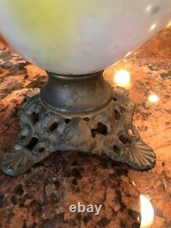 Vintage Antique Strawberry Painted Glass Oil Lamp Brass Footed