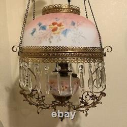 Vintage Antique Victorian Hanging Oil Parlor Library Lamp With Matching Font Shade