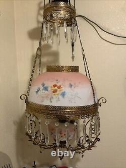 Vintage Antique Victorian Hanging Oil Parlor Library Lamp With Matching Font Shade