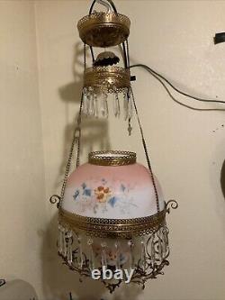Vintage Antique Victorian Hanging Oil Parlor Library Lamp With Matching Font Shade