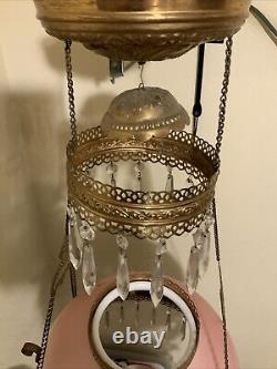 Vintage Antique Victorian Hanging Oil Parlor Library Lamp With Matching Font Shade