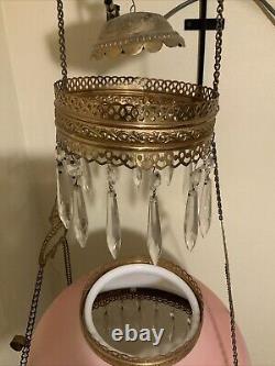 Vintage Antique Victorian Hanging Oil Parlor Library Lamp With Matching Font Shade