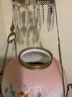 Vintage Antique Victorian Hanging Oil Parlor Library Lamp With Matching Font Shade