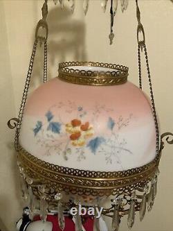 Vintage Antique Victorian Hanging Oil Parlor Library Lamp With Matching Font Shade