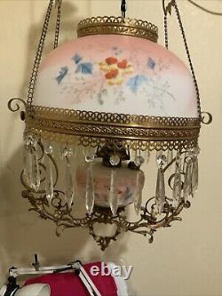 Vintage Antique Victorian Hanging Oil Parlor Library Lamp With Matching Font Shade