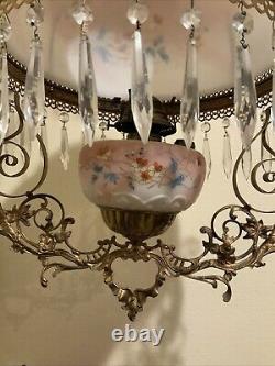Vintage Antique Victorian Hanging Oil Parlor Library Lamp With Matching Font Shade