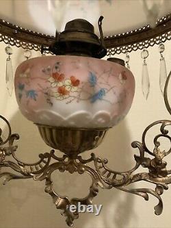 Vintage Antique Victorian Hanging Oil Parlor Library Lamp With Matching Font Shade