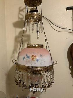 Vintage Antique Victorian Hanging Oil Parlor Library Lamp With Matching Font Shade