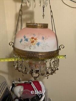 Vintage Antique Victorian Hanging Oil Parlor Library Lamp With Matching Font Shade
