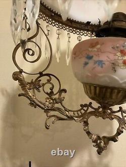 Vintage Antique Victorian Hanging Oil Parlor Library Lamp With Matching Font Shade