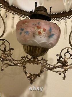 Vintage Antique Victorian Hanging Oil Parlor Library Lamp With Matching Font Shade