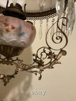 Vintage Antique Victorian Hanging Oil Parlor Library Lamp With Matching Font Shade