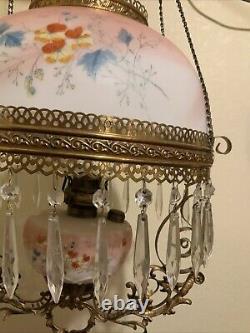 Vintage Antique Victorian Hanging Oil Parlor Library Lamp With Matching Font Shade