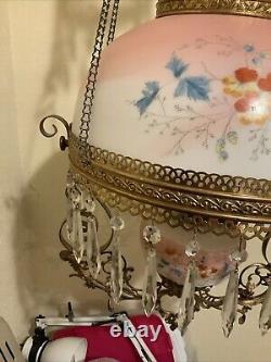 Vintage Antique Victorian Hanging Oil Parlor Library Lamp With Matching Font Shade