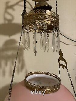 Vintage Antique Victorian Hanging Oil Parlor Library Lamp With Matching Font Shade
