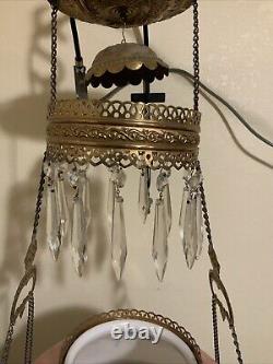 Vintage Antique Victorian Hanging Oil Parlor Library Lamp With Matching Font Shade