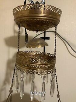 Vintage Antique Victorian Hanging Oil Parlor Library Lamp With Matching Font Shade