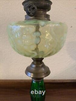 Vintage Antique Yellow Vaseline Opalescent Glass Pedestal Electrified Oil Lamp