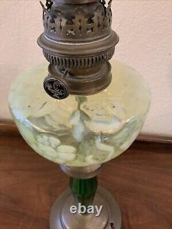Vintage Antique Yellow Vaseline Opalescent Glass Pedestal Electrified Oil Lamp