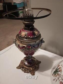 Vintage Art Nouveau French Table Oil Lamp Red Parlor Victorian