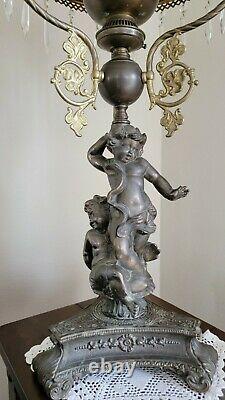 Vintage Beautiful Large Victorian Parlour Oil/Lamp withCupid/Cherub and Crystals