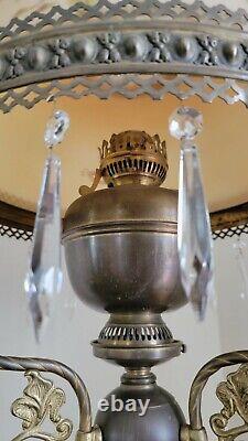 Vintage Beautiful Large Victorian Parlour Oil/Lamp withCupid/Cherub and Crystals