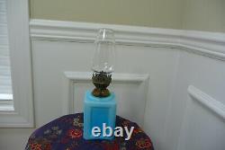 Vintage Blue Art Glass Oil Lamp w Shade