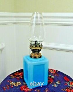 Vintage Blue Art Glass Oil Lamp w Shade