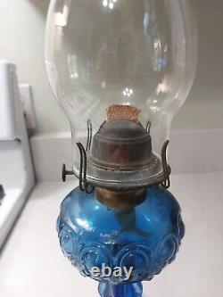 Vintage Blue Glass Bullseye Pattern Oil Lamp